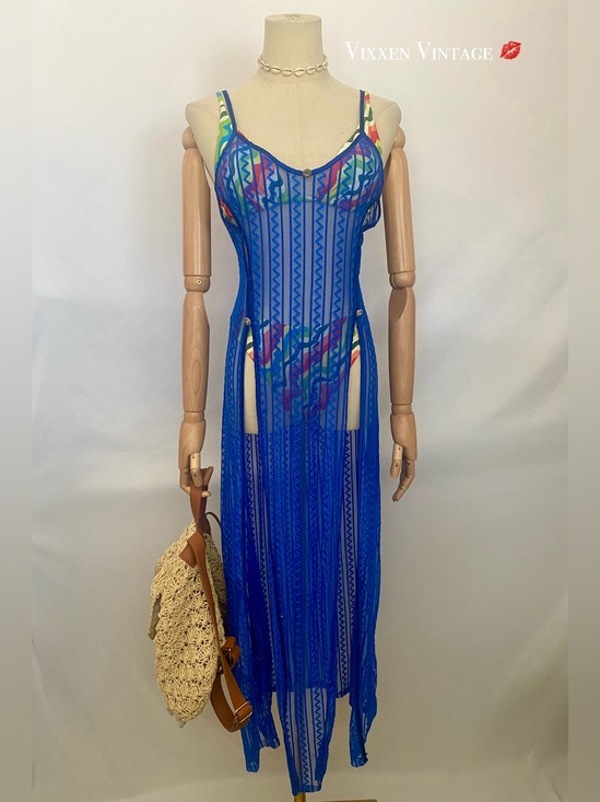 Vintage Other - MESH THIGH HIGH SLIT MAXI COVERUP DRESS IN COBALT BLUE